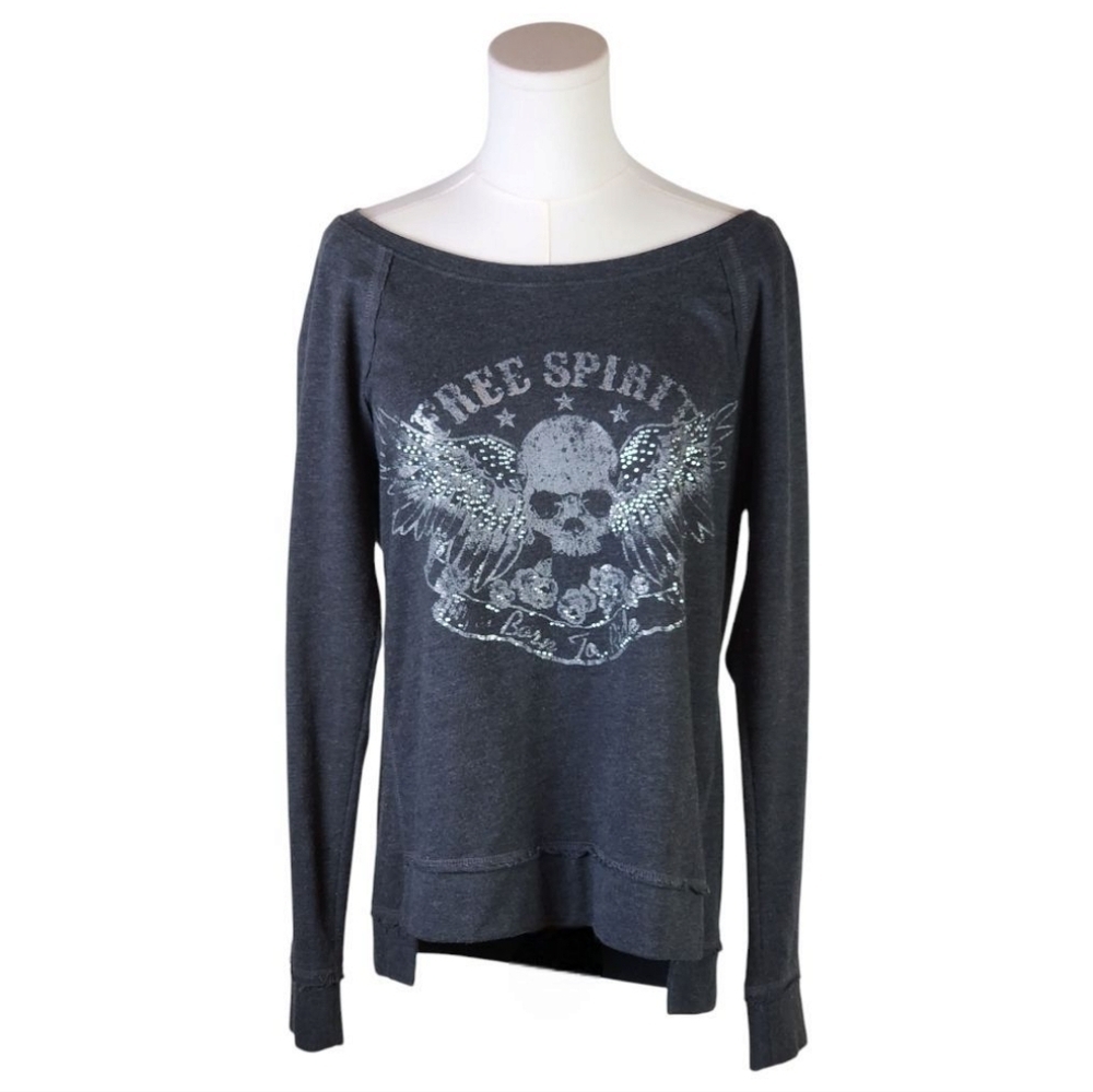 Rock & Republic Free Spirit Skull Sequin Graphic Pullover Sweatshirt M